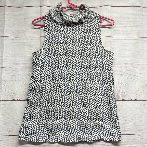 J. Crew 100% Silk Grey White Heart Ruffle Neck Sleeveless Tunic Blouse Size 4 - Picture 6 of 8